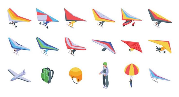 Hang glider icons set, isometric style
