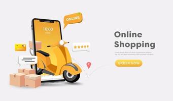 Online shopping store and Delivery on website and mobile phone design. Smart business marketing concept. Horizontal view. Vector Illustration