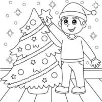 Christmas Boy And Christmas Tree Coloring Page vector