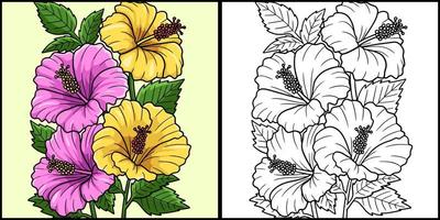 Hibiscus Flower Coloring Page Colored Illustration vector