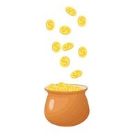 A pot full of gold. Golden rain. Treasure vector stock illustration. Isolated on a white background.