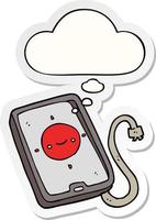 cartoon mobile phone device and thought bubble as a printed sticker vector