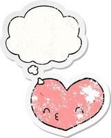 cartoon heart with face and thought bubble as a distressed worn sticker vector