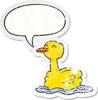 cartoon swimming duck and speech bubble distressed sticker vector