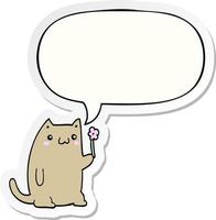 cute cartoon cat and flower and speech bubble sticker vector