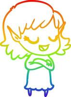 rainbow gradient line drawing happy cartoon elf girl vector