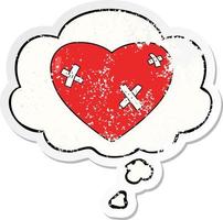 cartoon beaten up heart and thought bubble as a distressed worn sticker vector