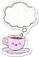 cartoon hot cup of coffee and thought bubble as a distressed worn sticker vector