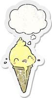 cute cartoon ice cream and thought bubble as a distressed worn sticker vector