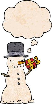 cartoon christmas snowman and thought bubble in grunge texture pattern style