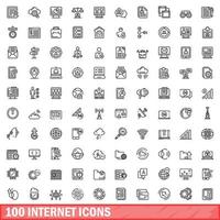 100 internet icons set, outline style vector