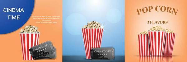 Popcorn cinema box banner set, realistic style vector