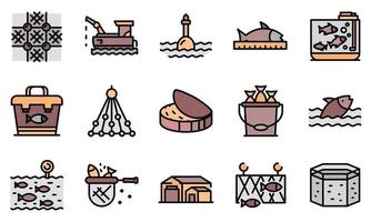 piscifactoría, iconos, conjunto, línea, color, vector