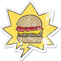 cartoon stacked burger and speech bubble distressed sticker vector