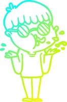 cold gradient line drawing cartoon boy wearing spectacles shrugging shoulders vector