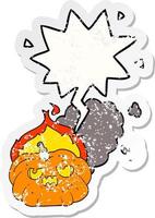 cartoon flaming halloween pumpkin and speech bubble distressed sticker vector