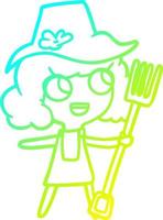 cold gradient line drawing cartoon farmer girl with fork vector