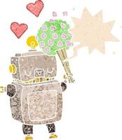 cartoon robot in love and speech bubble in retro textured style vector