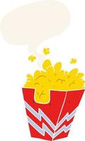 cartoon box of popcorn and speech bubble in retro style vector