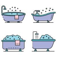 bañera, icono, conjunto, línea, color, vector