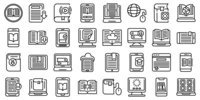 conjunto de iconos de aplicaciones de libros electrónicos, estilo de esquema vector