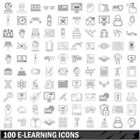 100 e-leaning icons set, outline style vector