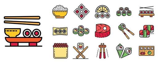 rollo de sushi, iconos, conjunto, línea, color, vector