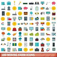 100 mining farm icons set, flat style vector