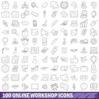 100 online workshop icons set, outline style vector