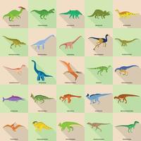 Tipos de dinosaurios conjunto de iconos de nombre firmado, estilo plano vector