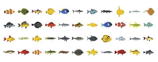 Fish icon set, flat style vector