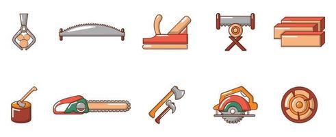 conjunto de iconos de herramienta de corte de madera, estilo de dibujos animados vector