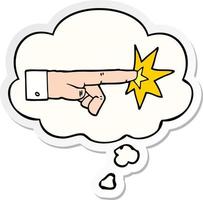 cartoon pointing hand and thought bubble as a printed sticker vector