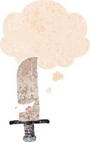 cartoon laughing knife and thought bubble in retro textured style vector