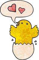 cute hatching chick cartoon and speech bubble in retro texture style vector