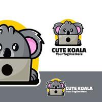 cute logo koala with laptop art illustration vector