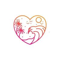 summer vacation logo on the beach with waves and coconut trees isolated in love shape vector illustration design
