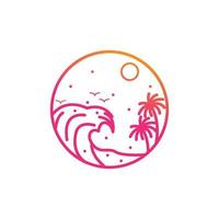 summer vacation logo on the beach with waves and coconut trees isolated in circle and line style vector illustration design