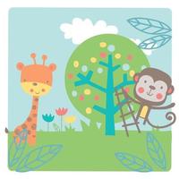 Giraffe and monkey safari landscape print vector