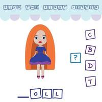 find the first letter of the word doll and connect. Educational game for children. vector