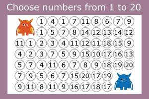 The task is to go through a maze of numbers from 1 to 20. Educational exercises for preschool children vector