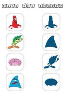 Find a pair or shadow  game with funny monsters.  Worksheet for preschool kids, kids activity sheet, printable worksheet vector