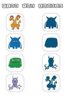 Find a pair or shadow  game with funny monsters.  Worksheet for preschool kids, kids activity sheet, printable worksheet vector