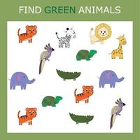 Educational activity for kids, find the green animal among the colorful ones. Logic game for children. vector