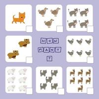 How many counting game with pets . Preschool worksheet, kids activity sheet, printable worksheet vector