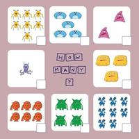 How many counting game with funny monsters . Preschool worksheet, kids activity sheet, printable worksheet vector