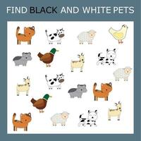 Find  black and white toys. Preschool worksheet, worksheet for kids, printable worksheet vector