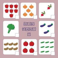 How many counting game with  vegetables. Worksheet for preschool kids, kids activity sheet, printable worksheet vector