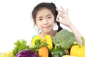 Encantadora chica asiática mostrando disfrutar de la expresión con verduras frescas y coloridas aislado sobre fondo blanco. foto