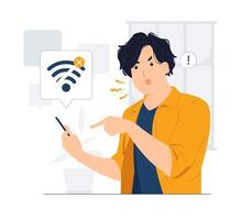 Internet disconnection with Unhappy young man looking at the phone, feeling angry about bad device work, lost data. Anxious male user dissatisfied with service concept illustration vector